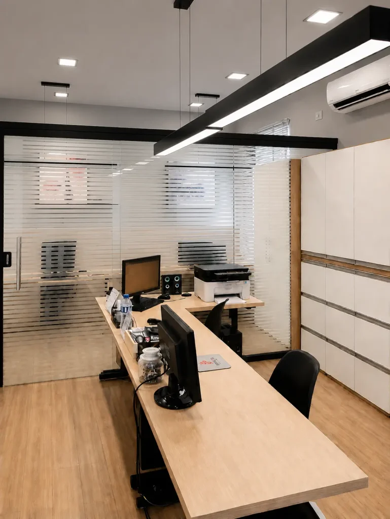 Escritório corporativo moderno com marcenaria e iluminação linear