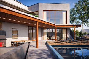 fachada de casa sobrado moderna com concreto e madeira com piscina