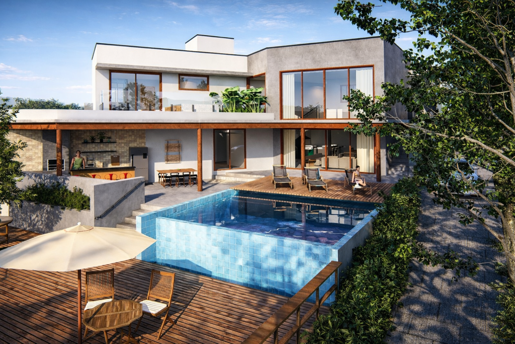 fachada de casa sobrado moderna com concreto e madeira com piscina