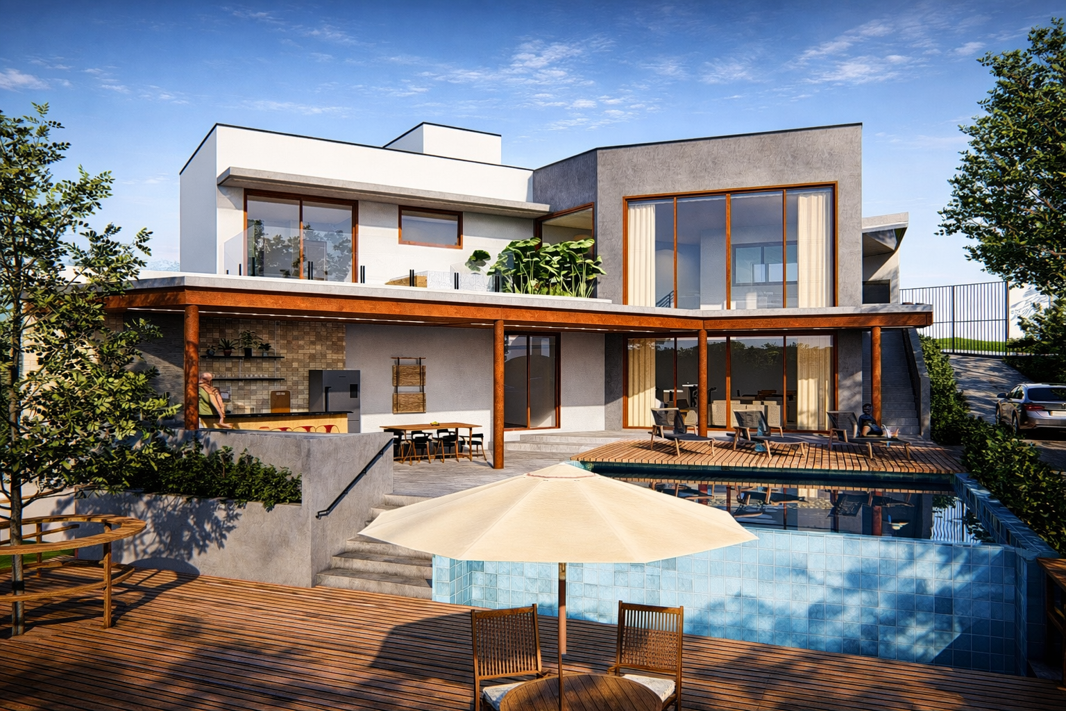 fachada de casa sobrado moderna com concreto e madeira com piscina