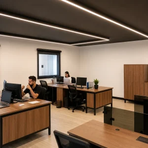Projeto de escritório moderno com iluminação linear e marcenaria em madeira – Applic Technology