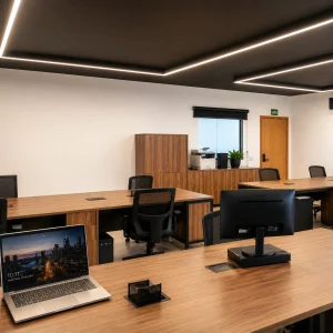 Projeto de escritório moderno com iluminação linear e marcenaria em madeira – Applic Technology