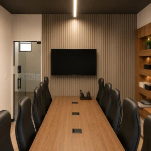 Projeto de escritório moderno com iluminação linear e marcenaria em madeira – Applic Technology