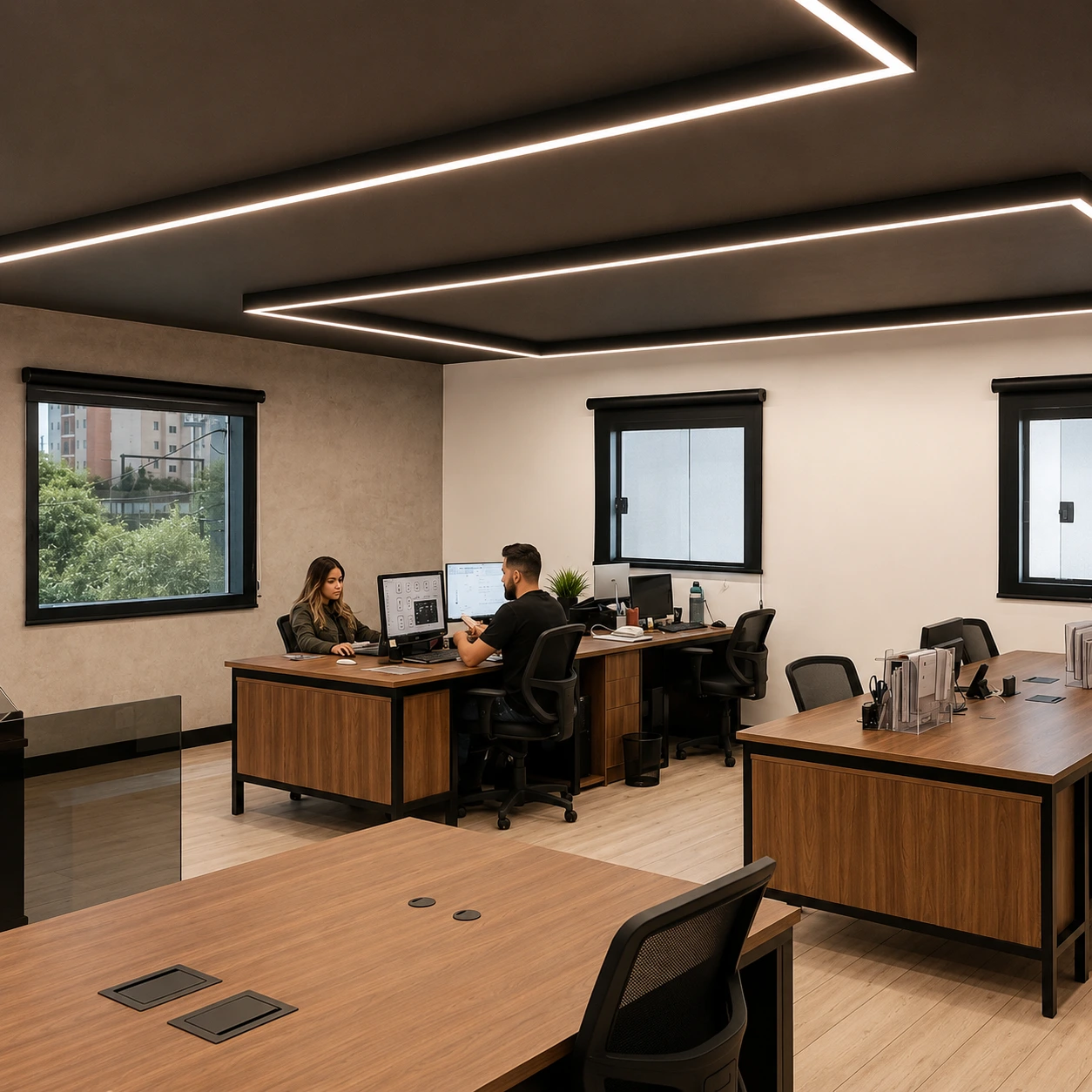 Projeto de escritório moderno com iluminação linear e marcenaria em madeira – Applic Technology