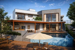 fachada de casa sobrado moderna com concreto e madeira com piscina
