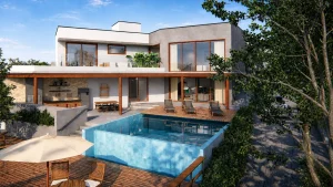 fachada de casa sobrado moderna com concreto e madeira com piscina