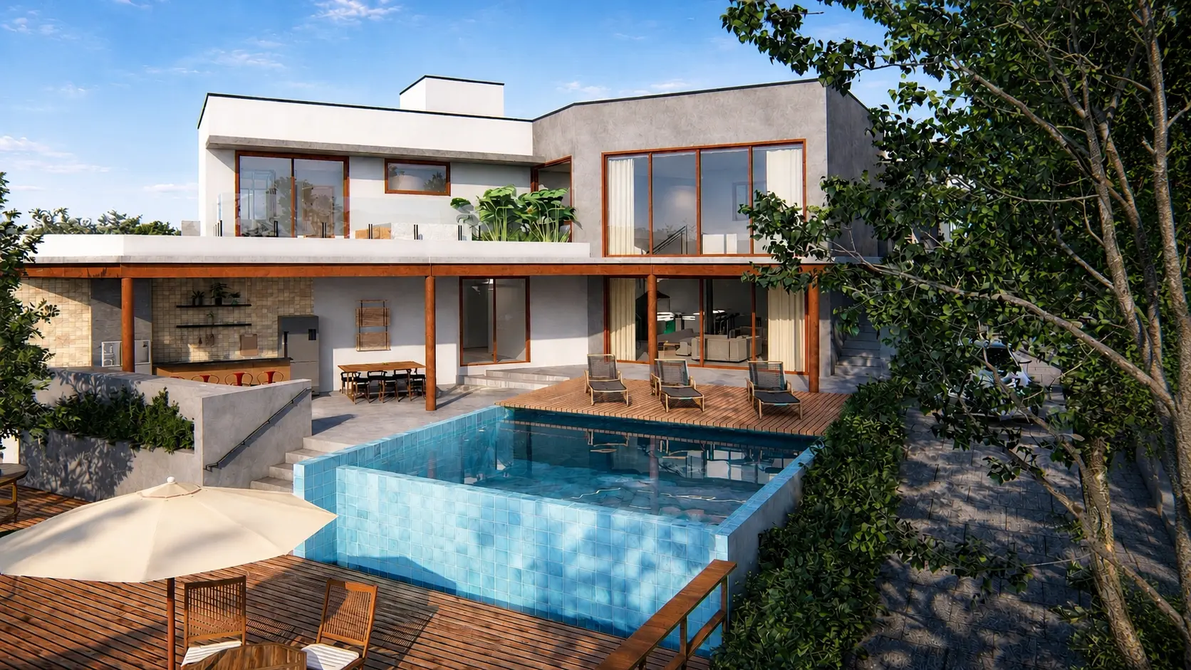 fachada de casa sobrado moderna com concreto e madeira com piscina