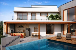 fachada de casa sobrado moderna com concreto e madeira com piscina