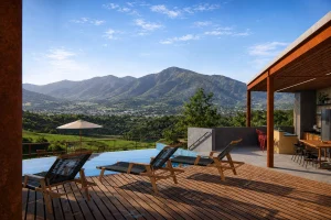 fachada de casa sobrado moderna com concreto e madeira com piscina